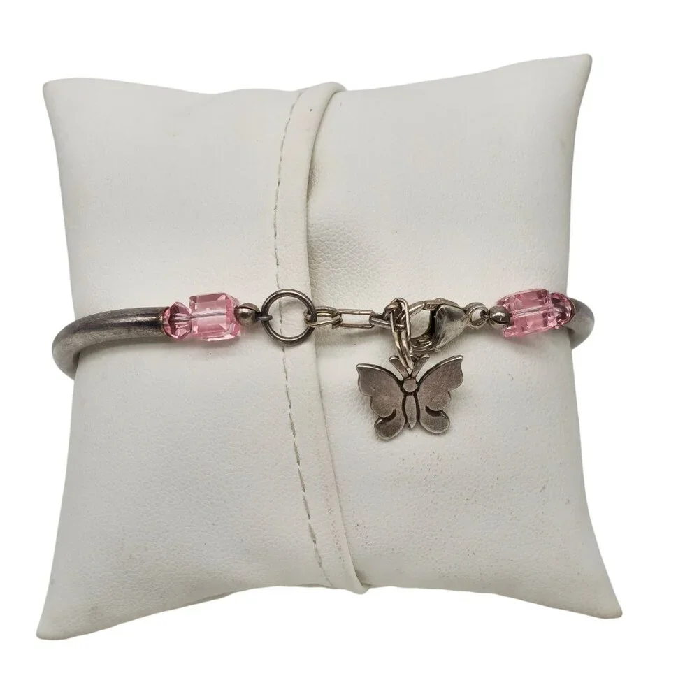 Geneva 925 Sterling Silver Quartz Watch Pink Beaded Bracelet Butterfly Charm